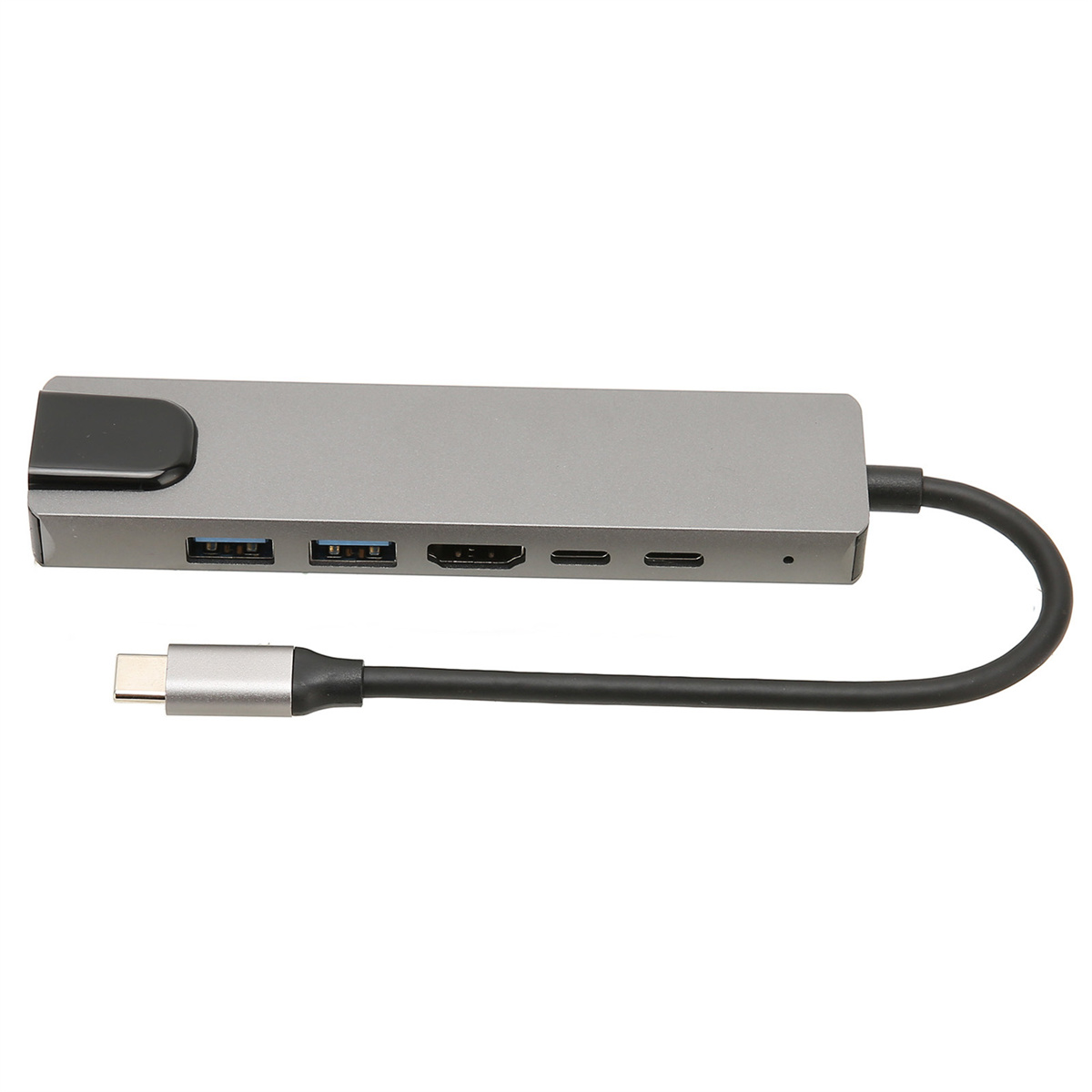 Ein grauer USB-C-Hub mit mehreren Anschlüssen, darunter HDMI und USB.