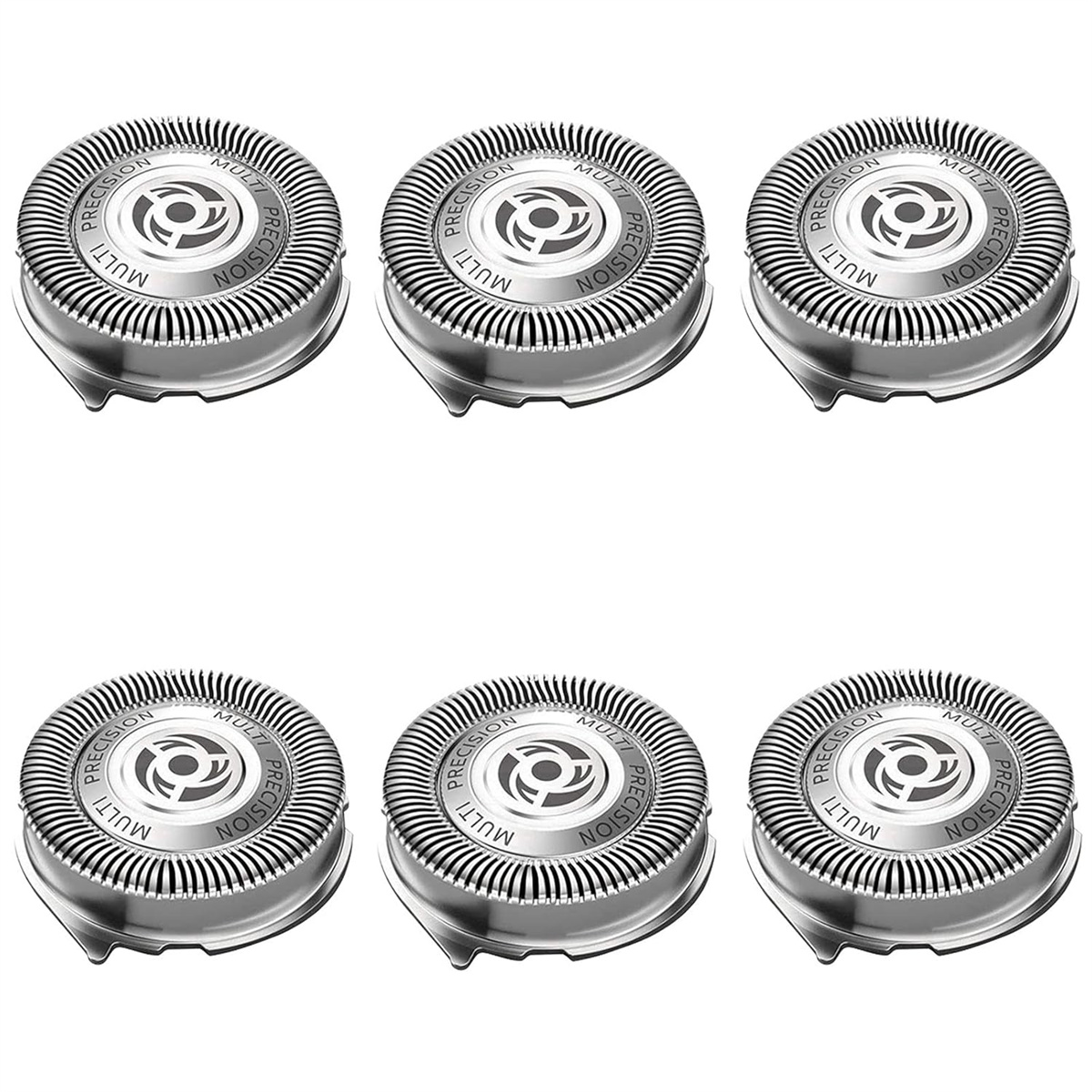 Set aus sechs silbernen, kreisförmigen Präzisionsrasierer-Ersatzköpfen.