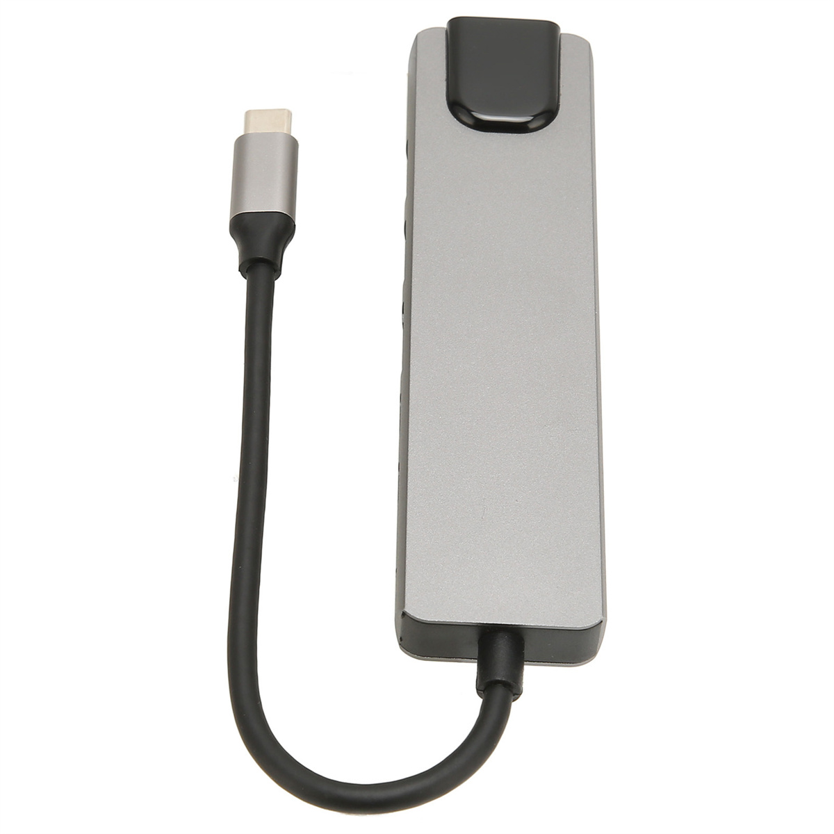 Silberner USB-C-Hub mit schwarzem Kabel. Hat einen USB-C-Anschluss am Ende.