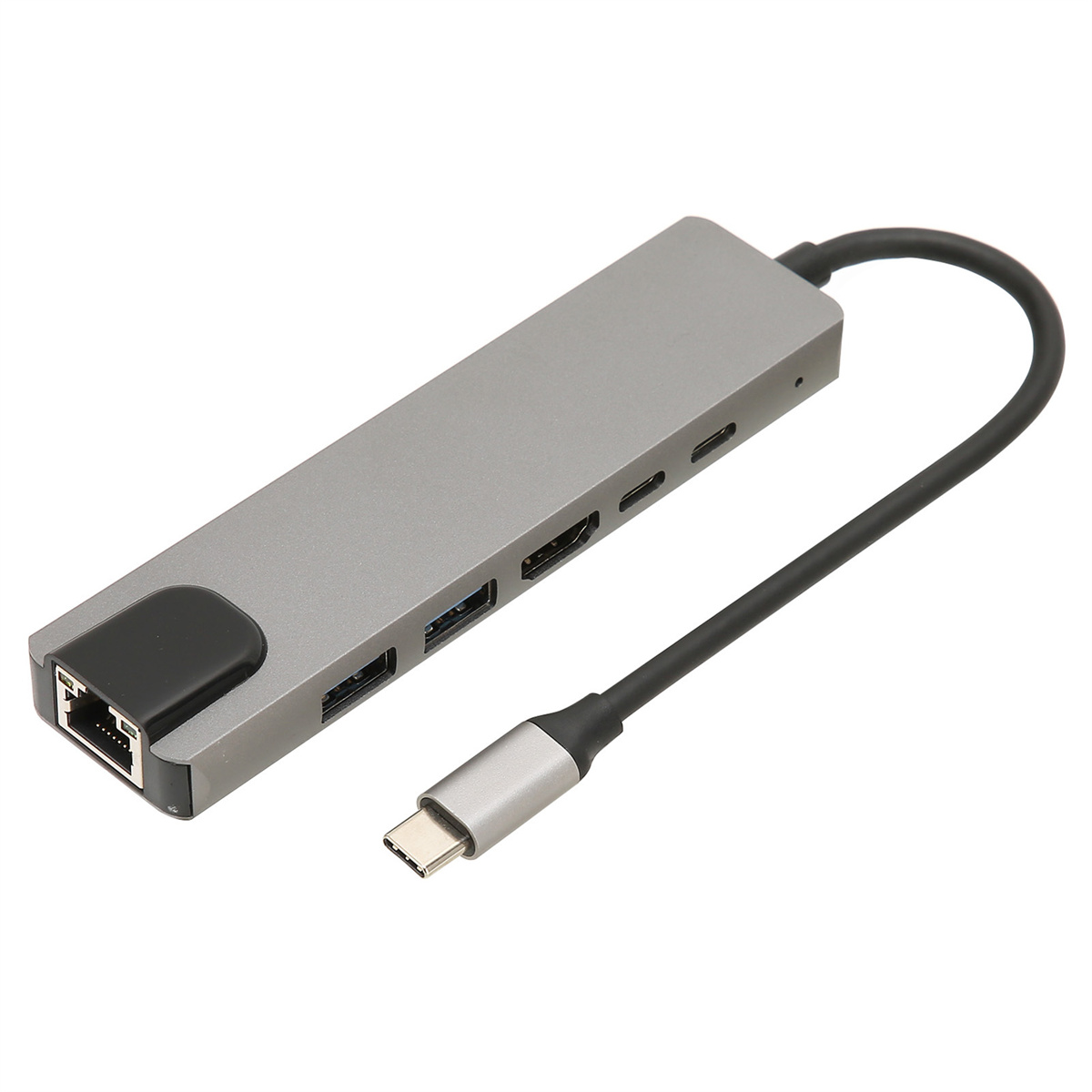 Grauer USB-C-Hub mit mehreren Anschlüssen und einem schwarzen Kabel. Weißer Hintergrund.