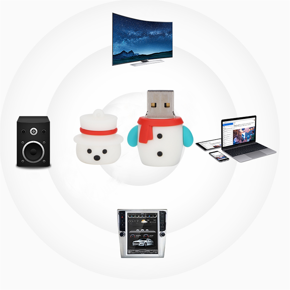 Ein Bild eines Schneemann-USB-Sticks, umgeben von anderen elektronischen Geräten.