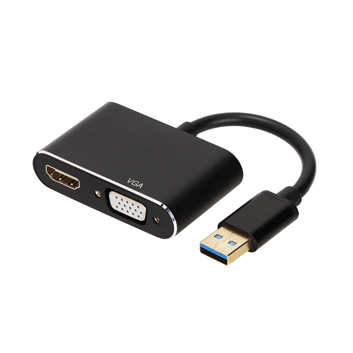 Ein schwarzer HDMI-zu-VGA-Adapter mit einem USB-Kabel. Weißer Hintergrund.