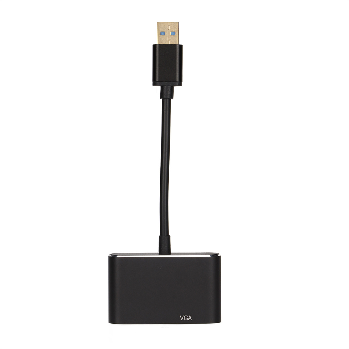 Schwarzer USB-zu-VGA-Adapter mit Kabel. 'VGA' Beschriftung.