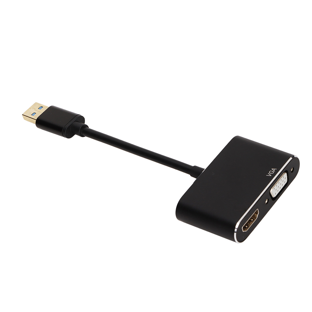 Schwarzer USB-zu-VGA- und HDMI-Adapter mit USB-Kabel.