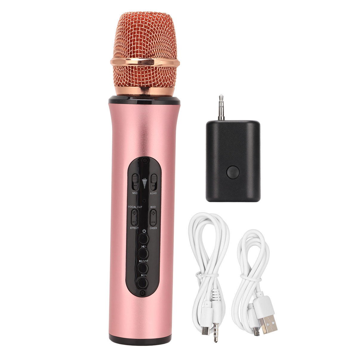 Ein roségoldenes Mikrofon mit schwarzem Empfänger und Kabeln auf weißem Hintergrund.