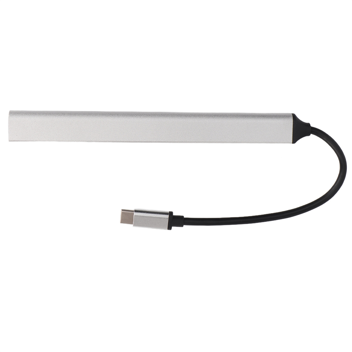 Silberner USB-C-Adapter mit schwarzem Kabel. Der Stecker ist als USB-C gekennzeichnet.