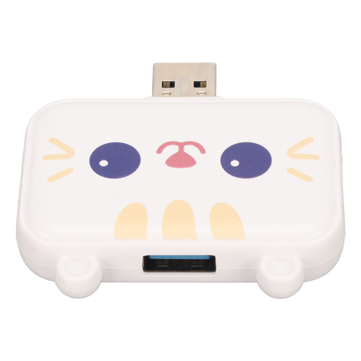 Weißer USB-Hub mit Katzen-Design und USB-Anschluss. Heller Hintergrund.