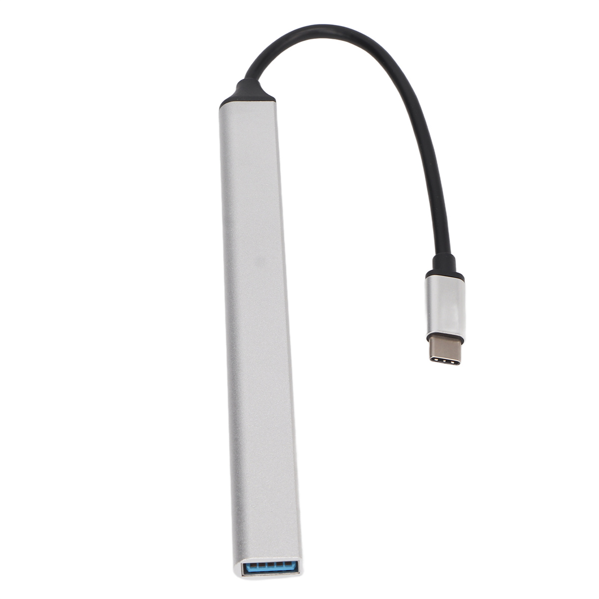 Silberner Adapter mit USB-Anschluss und einem schwarzen Kabel, das mit einem USB-C-Anschluss verbunden ist.