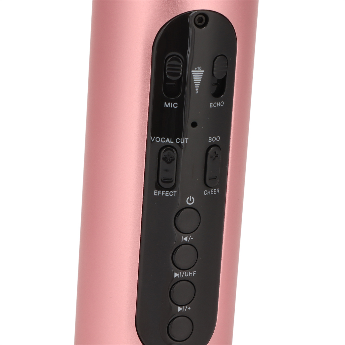 Nahaufnahme des Bedienfelds einer rosa Karaoke-Maschine mit Knöpfen für verschiedene Effekte.