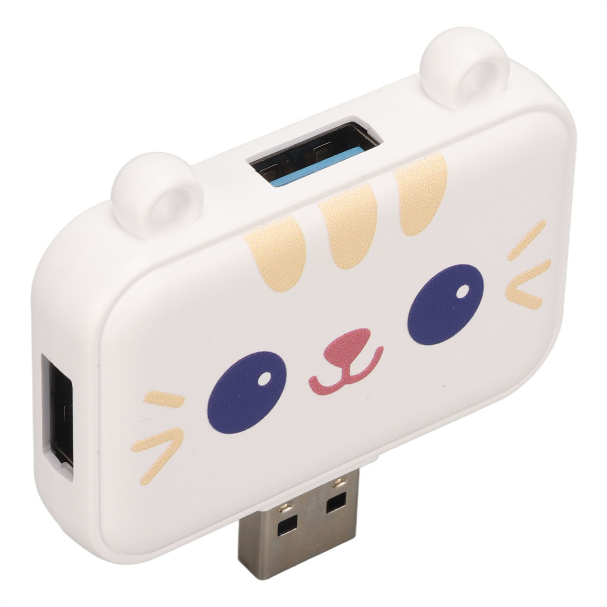 Ein weißer USB-Hub in Form eines Katzenkopfes mit Anschlüssen und USB-Stecker.