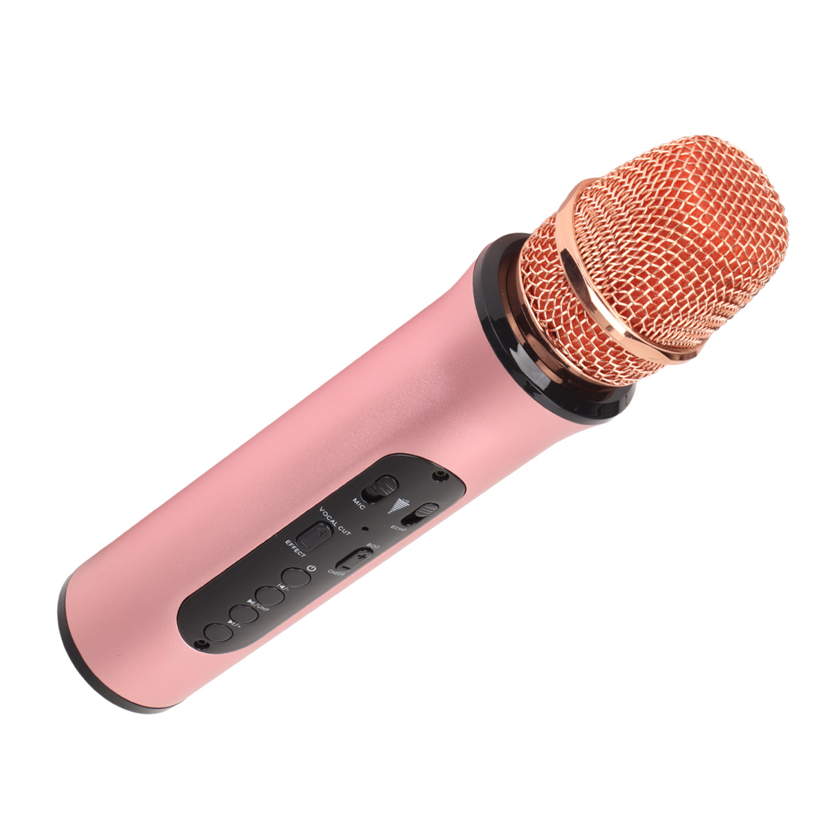 Rosa Mikrofon mit roségoldfarbenem Mesh, Knöpfen und schwarzem Sockel, isoliert auf Weiß.