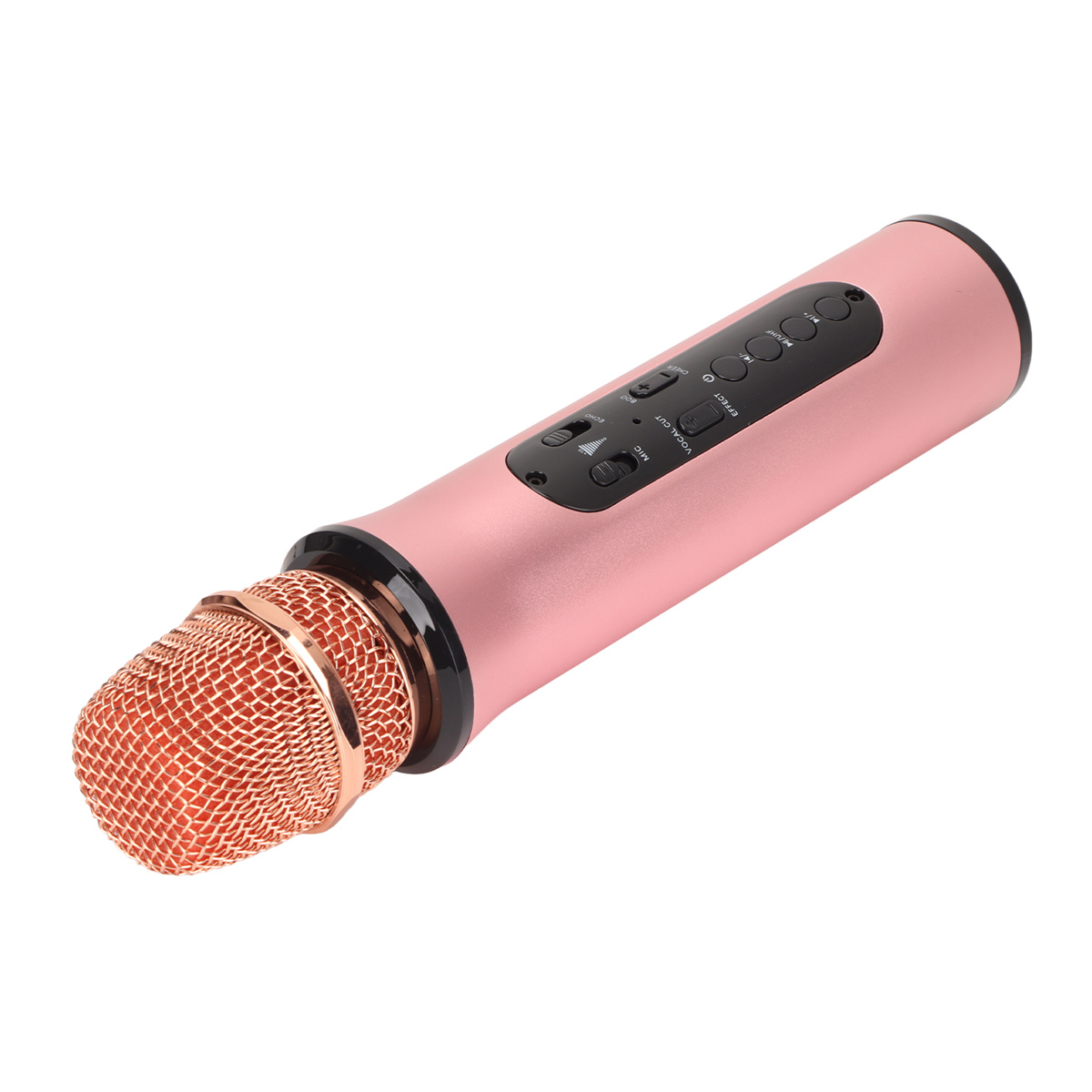 Roségold-Mikrofon mit Bedienelementen und Mesh-Kopf.