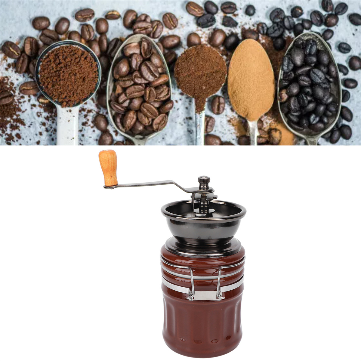 Verschiedene Kaffeebohnen und -mehl auf Löffeln, und eine Kaffeemühle.