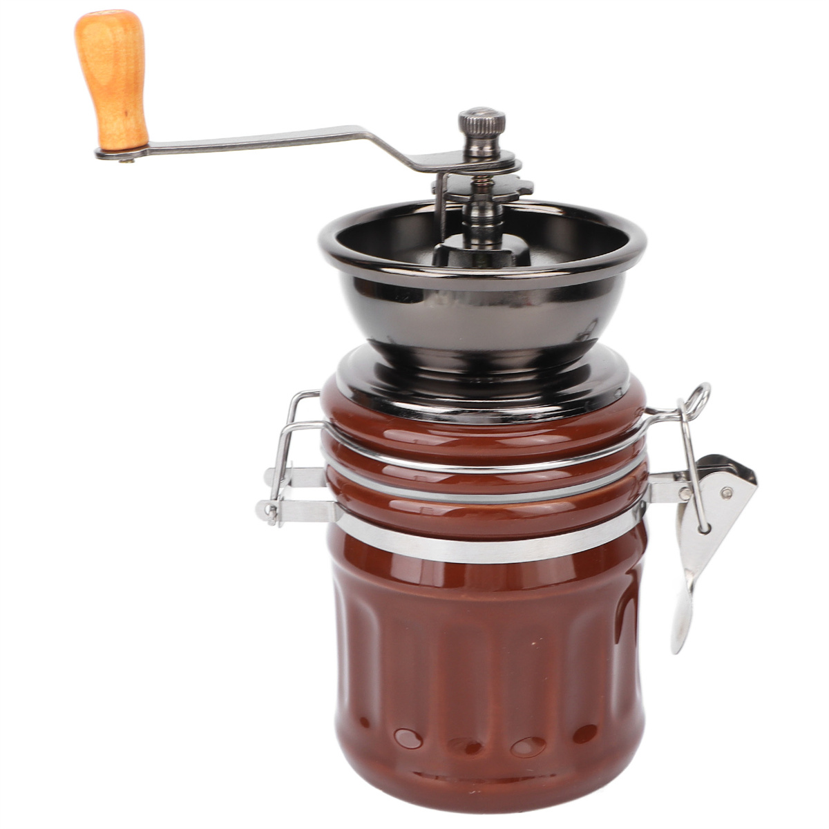Eine braune manuelle Kaffeemühle mit Keramikbehälter und Holzgriff.