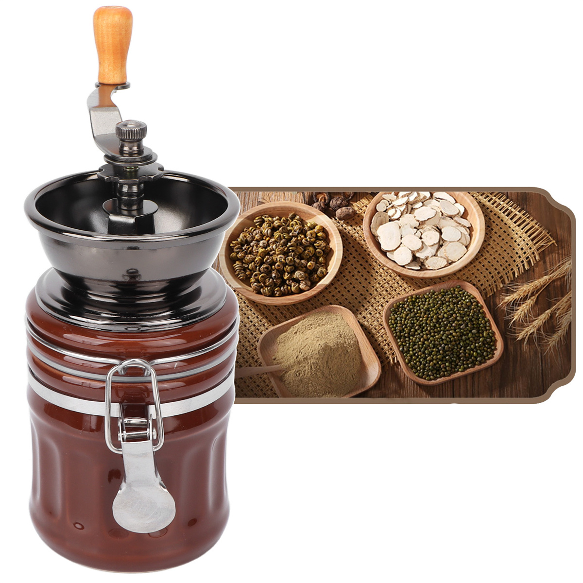 Eine braune Kaffeemühle mit Holzgriff. Es gibt Schalen mit Zutaten.