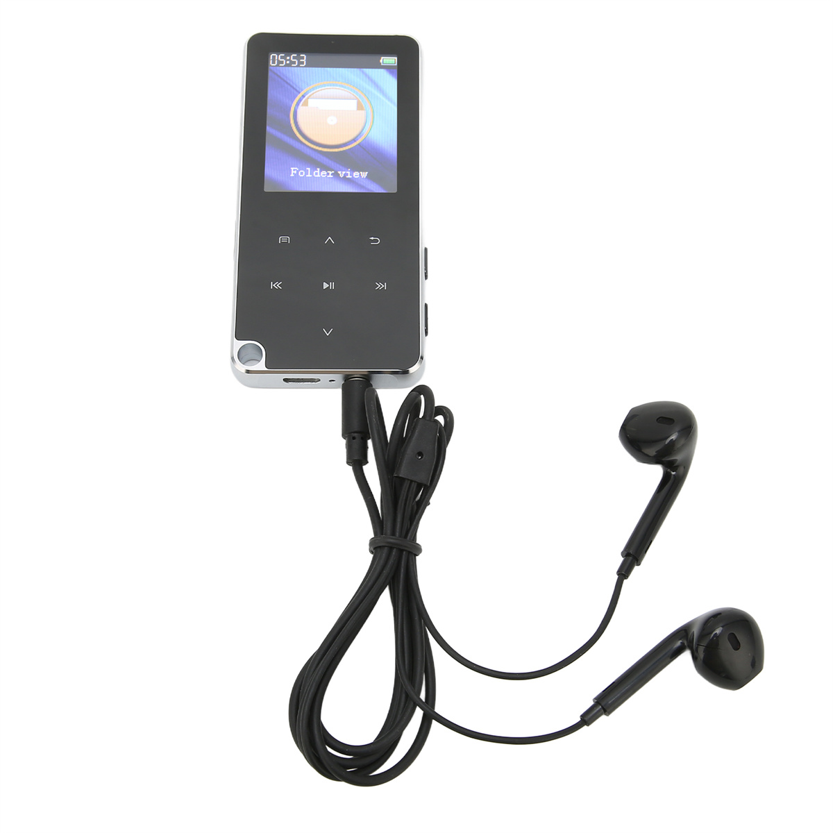 Schwarzer MP3-Player mit Bildschirm. Der Player hat schwarze Kopfhörer angeschlossen. Der Bildschirm zeigt eine Ordneransicht.