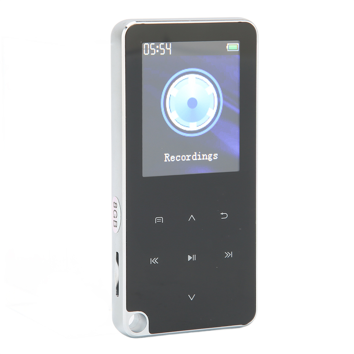 Schwarzer und silberner MP3-Player mit einem Bildschirm mit Grafik.