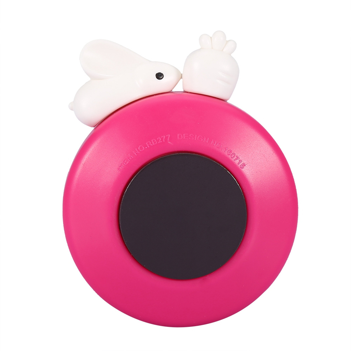 Rosa Timer mit einem weißen Hasen und einer Karotte oben und einem schwarzen Magneten auf der Rückseite.