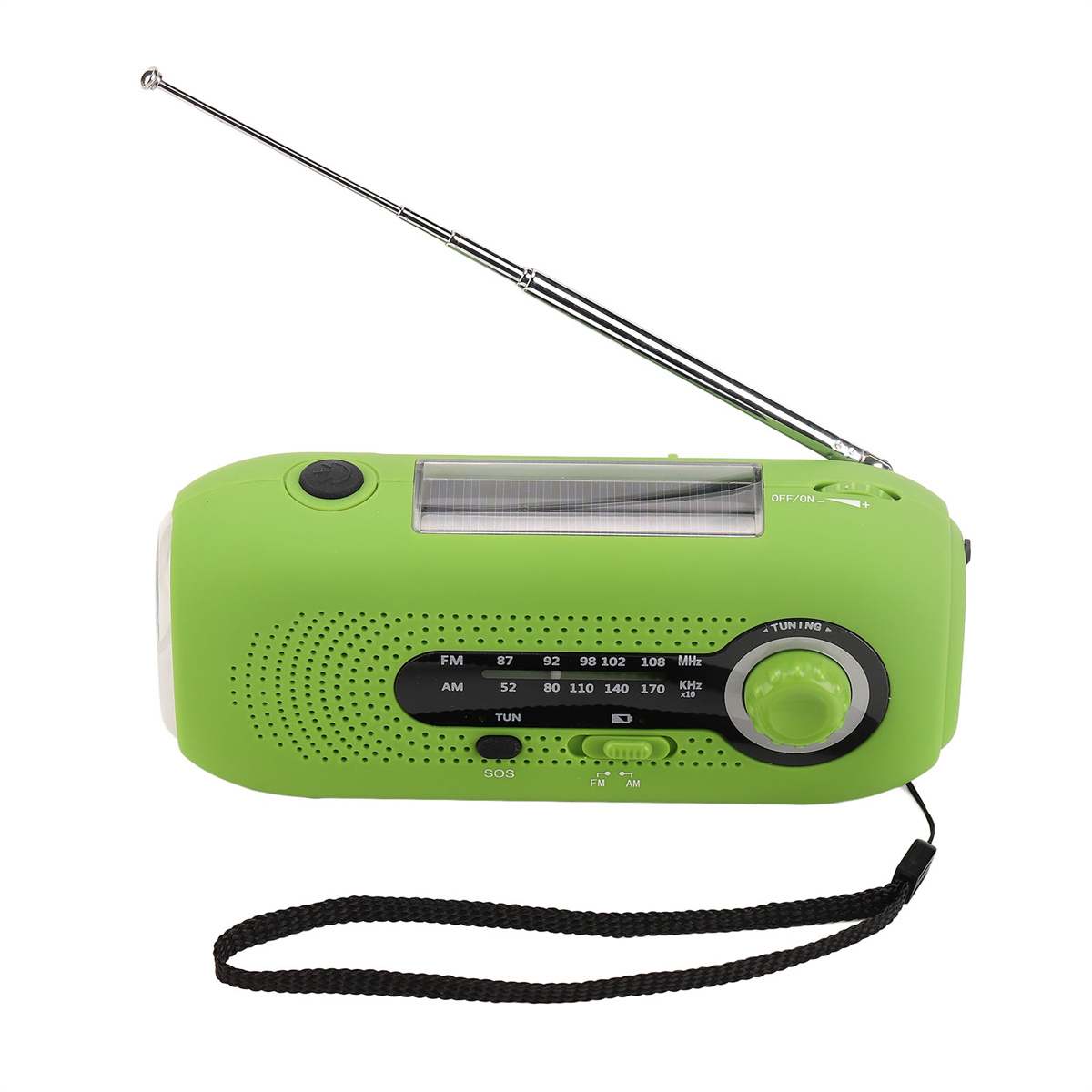 Grünes tragbares Radio mit Solarpanel. Verfügt über eine Antenne, einen Drehknopf und einen Griff.