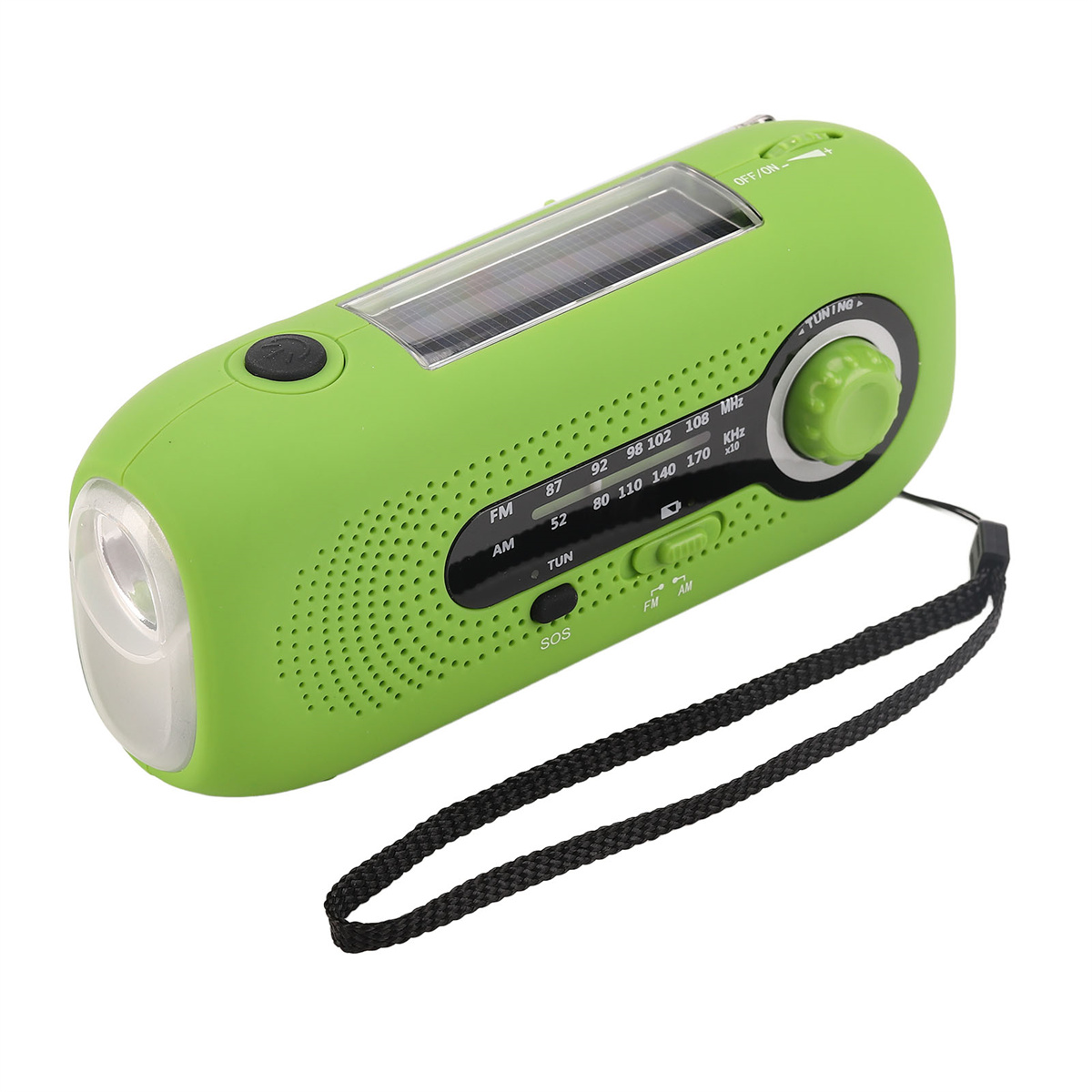 Grünes Notfallradio mit Taschenlampe, Solarpanel und Einstellrad auf weißer Oberfläche.