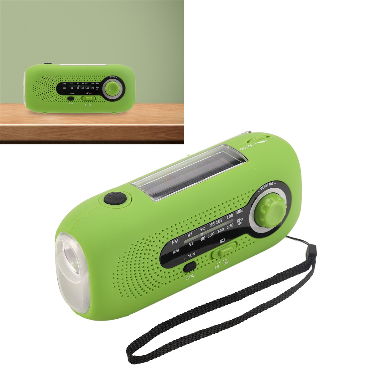 Grünes Radio mit Solarpanel und Taschenlampe. Schwarzer Riemen befestigt.