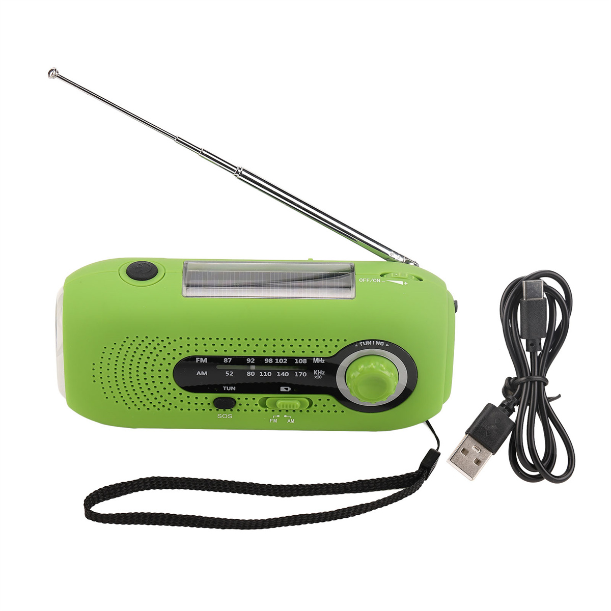 Grünes und weißes Radio mit Antenne und Ladekabel auf weißem Hintergrund. Es hat ein Solarpanel und einen Drehregler.