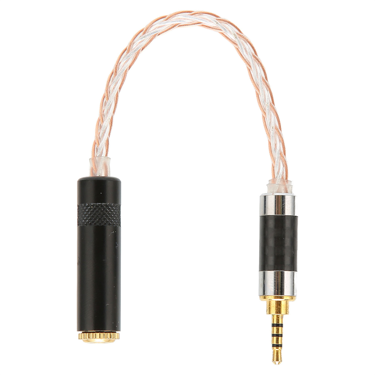 Ein schwarzer bis silberner Audio-Kabeladapter mit vergoldetem 3,5-mm-Stecker.