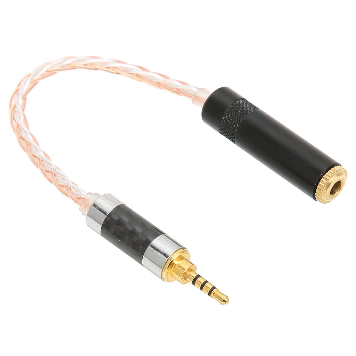 Audiokabel, schwarze und goldene Stecker, geflochtenes Kabel.