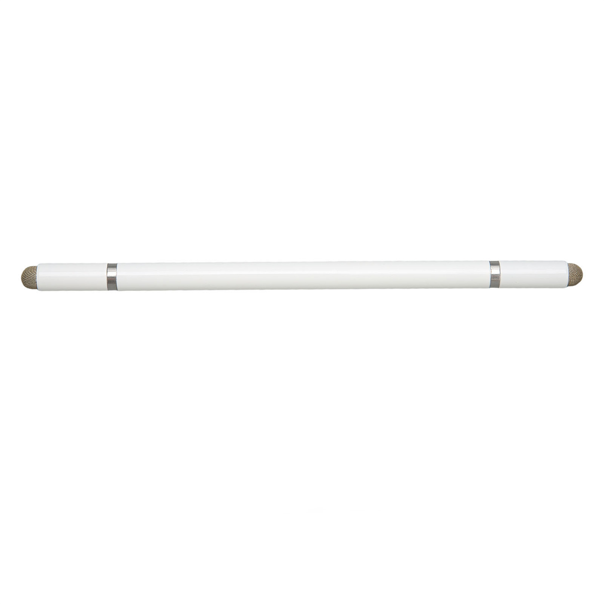 Weißer Eingabestift mit silbernen Ringen auf weißem Hintergrund.