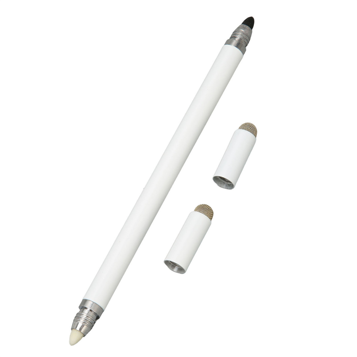 Ein weißer Stift mit zwei zusätzlichen Spitzen. Der Stift liegt auf einer weißen Oberfläche.