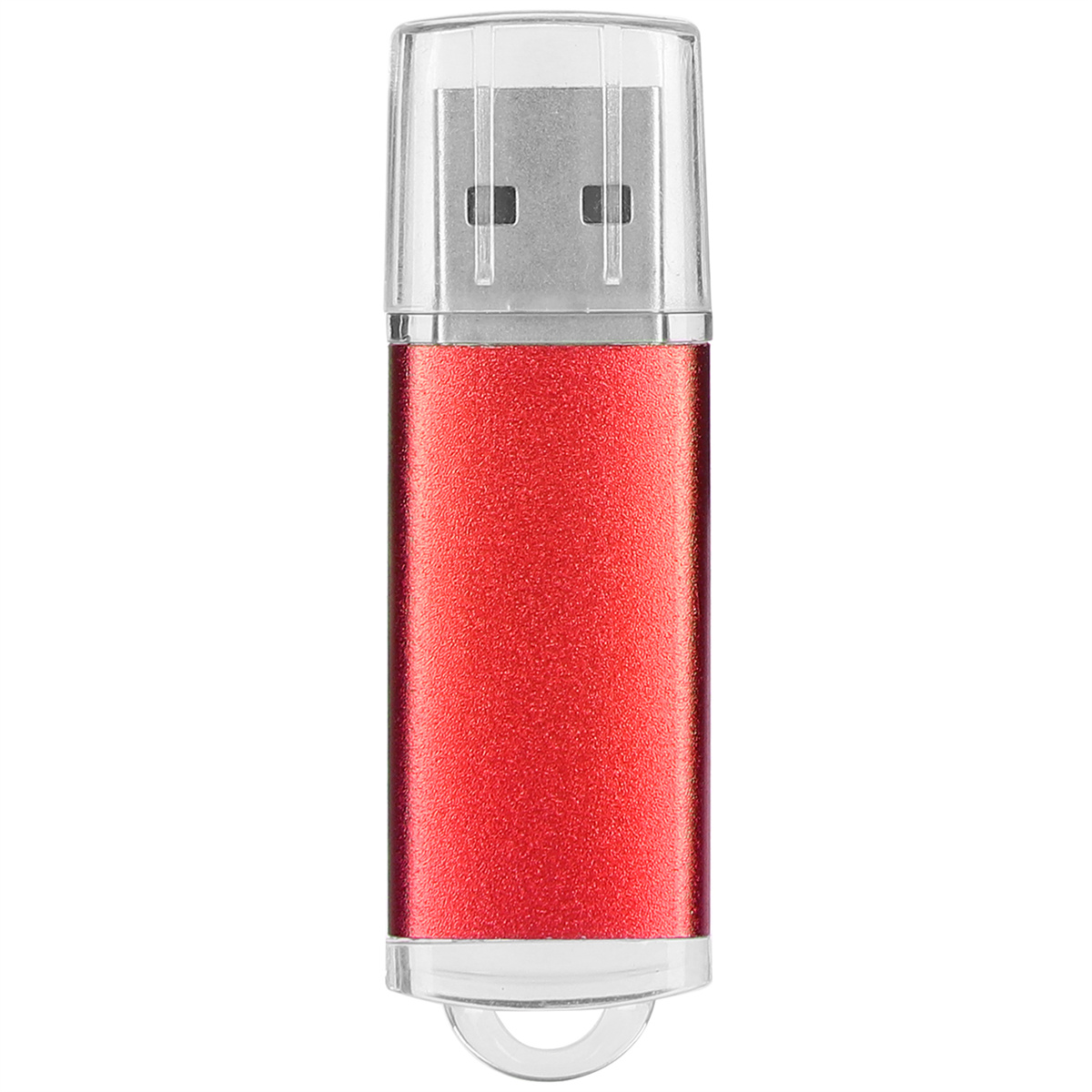 Ein roter USB-Stick mit durchsichtiger Kappe. Der Stick steht vertikal auf weißem Grund.