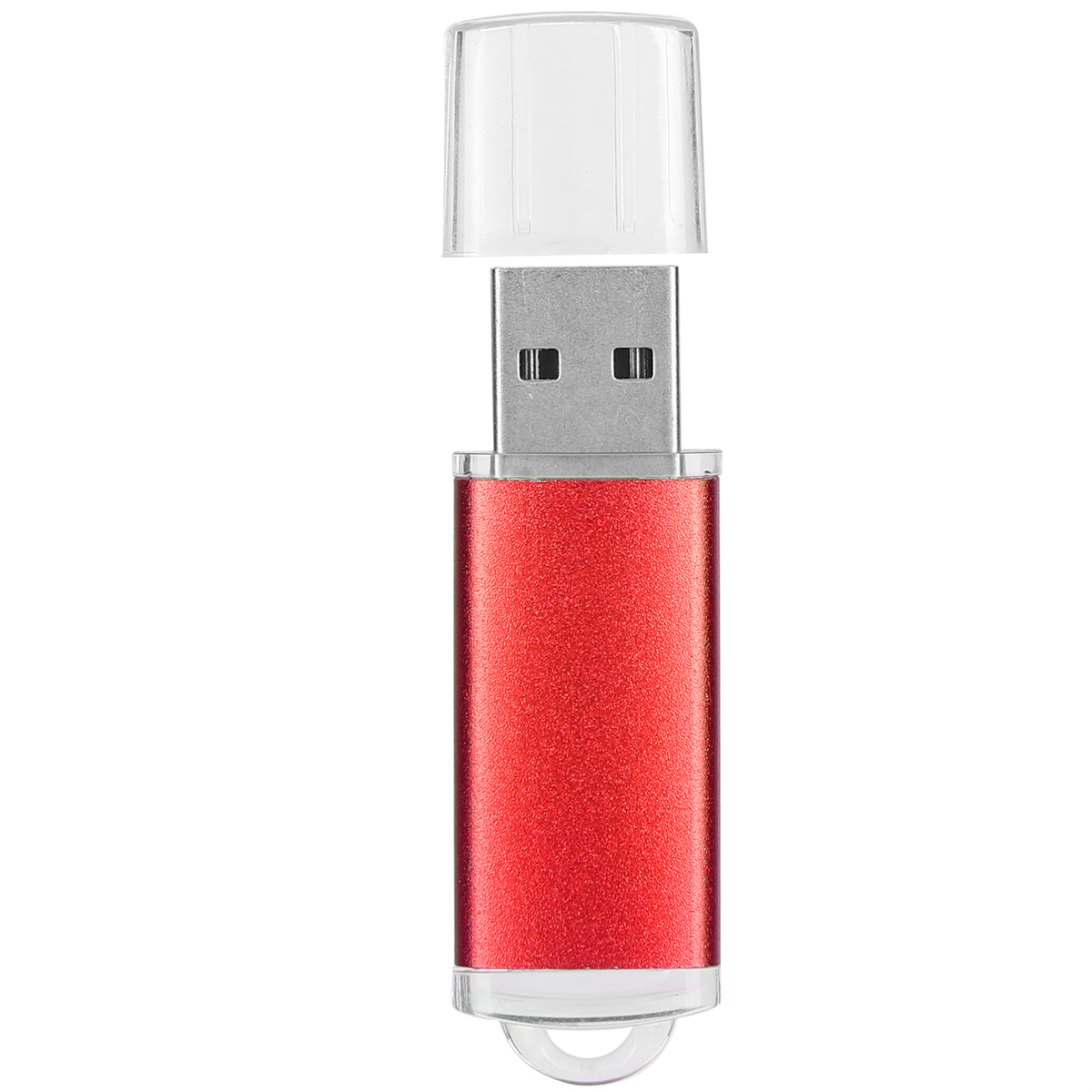 Ein roter USB-Stick mit transparentem Deckel auf weißem Hintergrund.