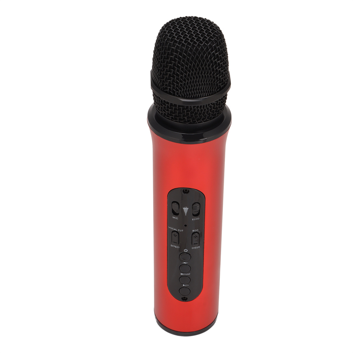 Ein rotes Mikrofon mit Knöpfen, schwarzem Mesh-Kopf und zylindrischem Körper.