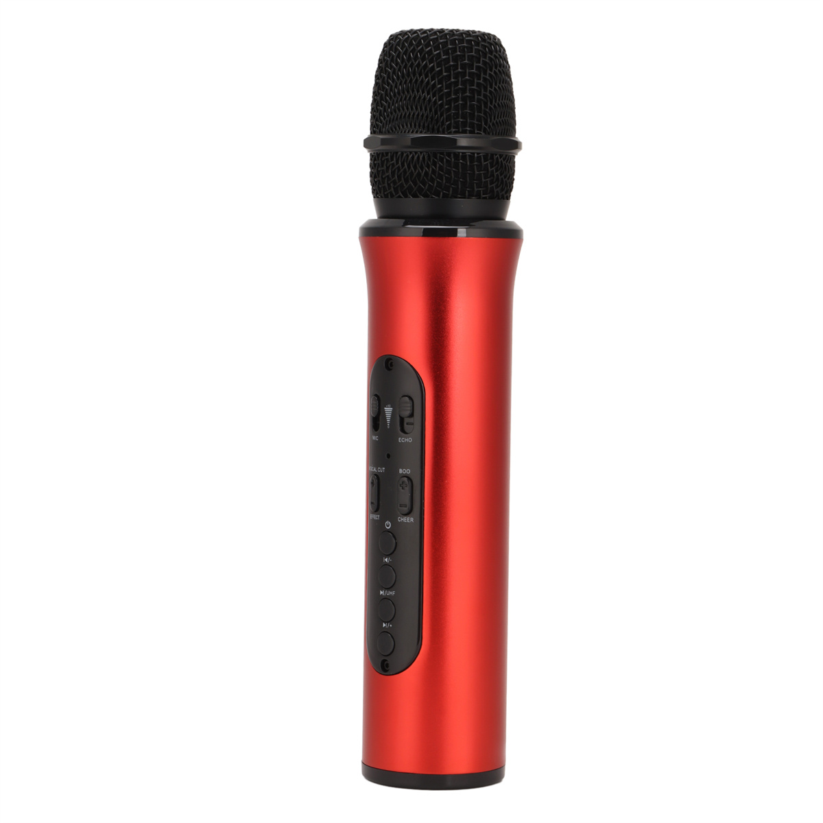 Rotes Karaoke-Mikrofon mit schwarzem Mesh-Kopf und Bedientasten.