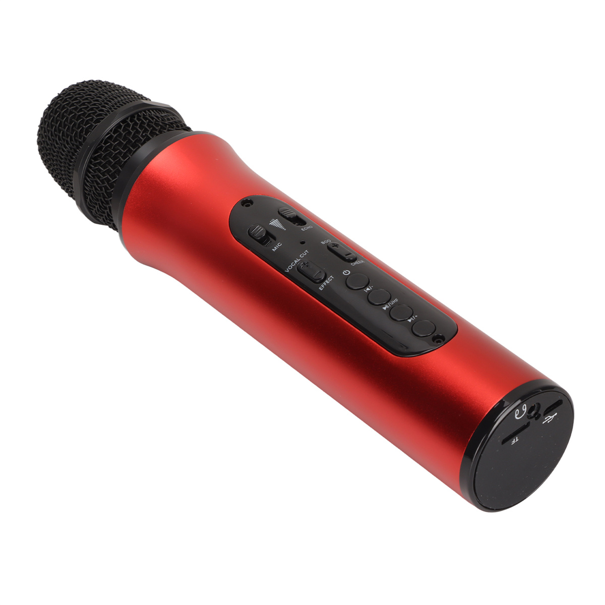 Rotes Mikrofon mit schwarzem Netz und Bedientasten, auf weißem Hintergrund, mit schwarzem Sockel.