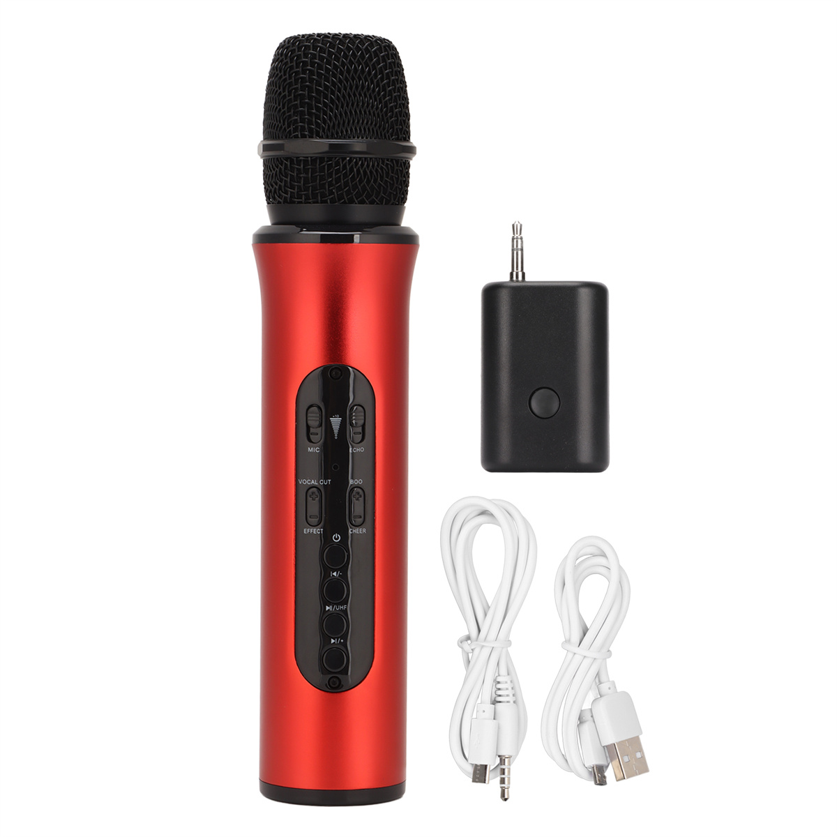 Rotes Mikrofon mit Knöpfen, schwarzer Empfänger und weiße Kabel. Mikrofon, Kabel und Empfänger.