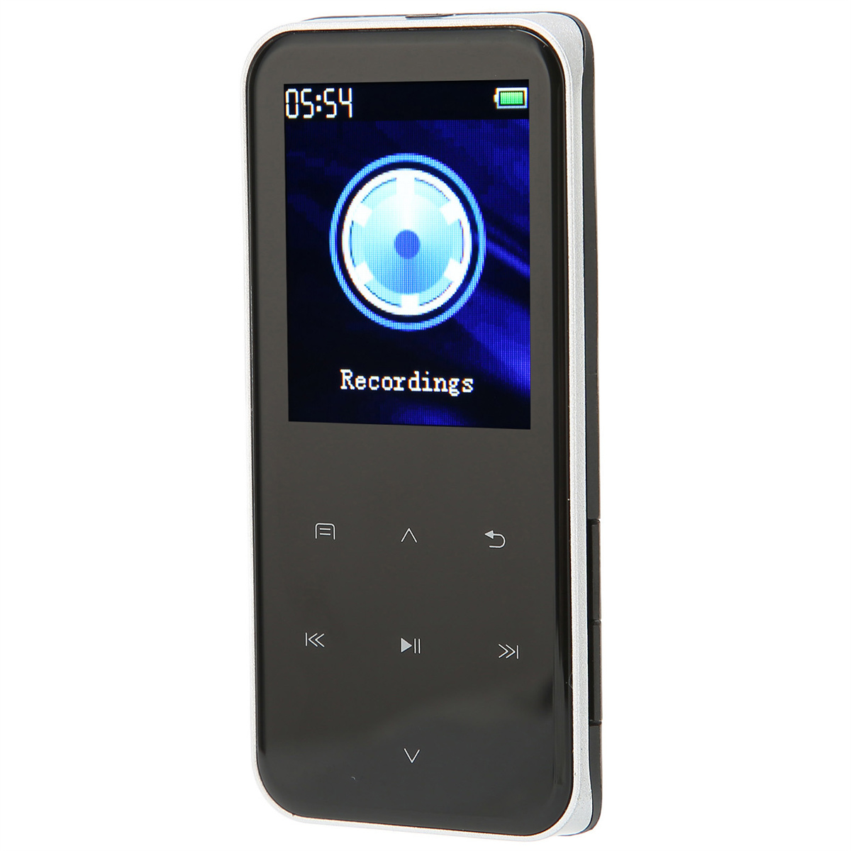 Ein schwarzer MP3-Player, der einen Bildschirm mit dem Wort „Aufnahmen“ und Wiedergabe/Pause-Symbolen zeigt.