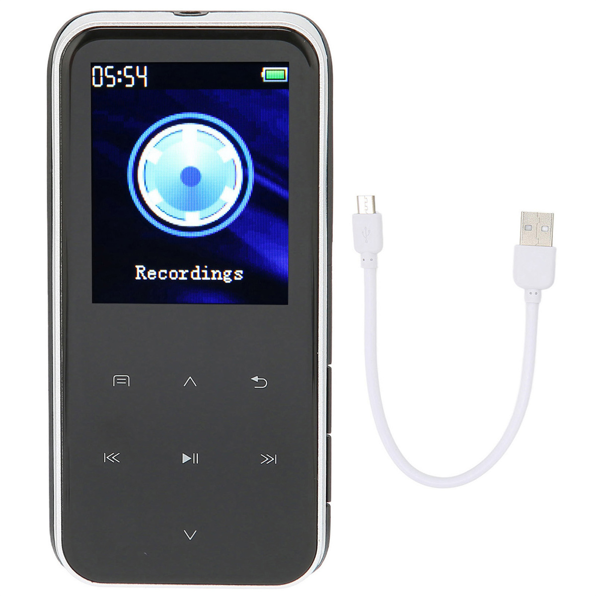 Schwarzer MP3-Player mit einem Bildschirm, der Zeit und Aufnahmen anzeigt, und einem weißen USB-Kabel.