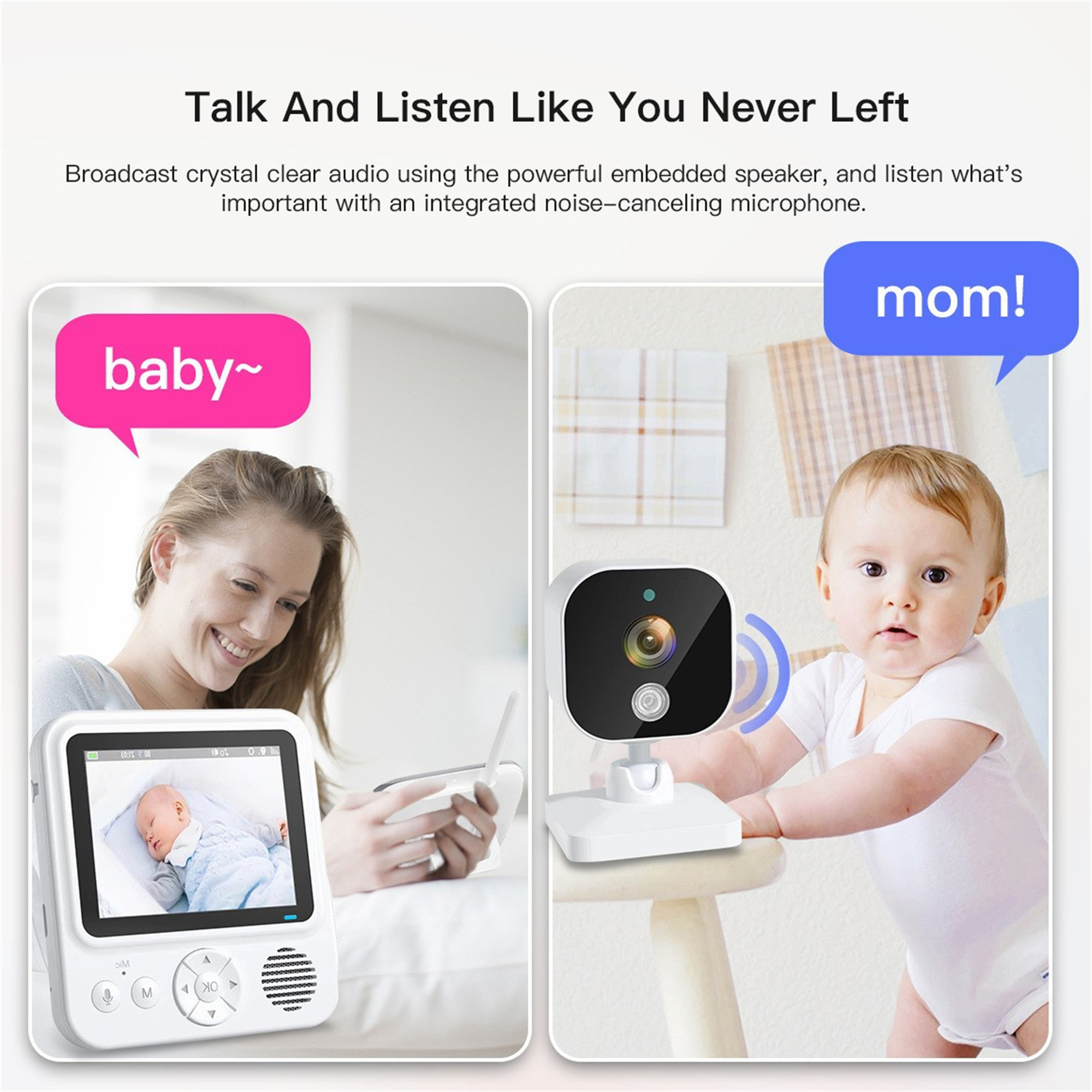 Babyphone-Setup mit Baby und Frau. Sprechblasen sagen 'baby~' und 'mom!'