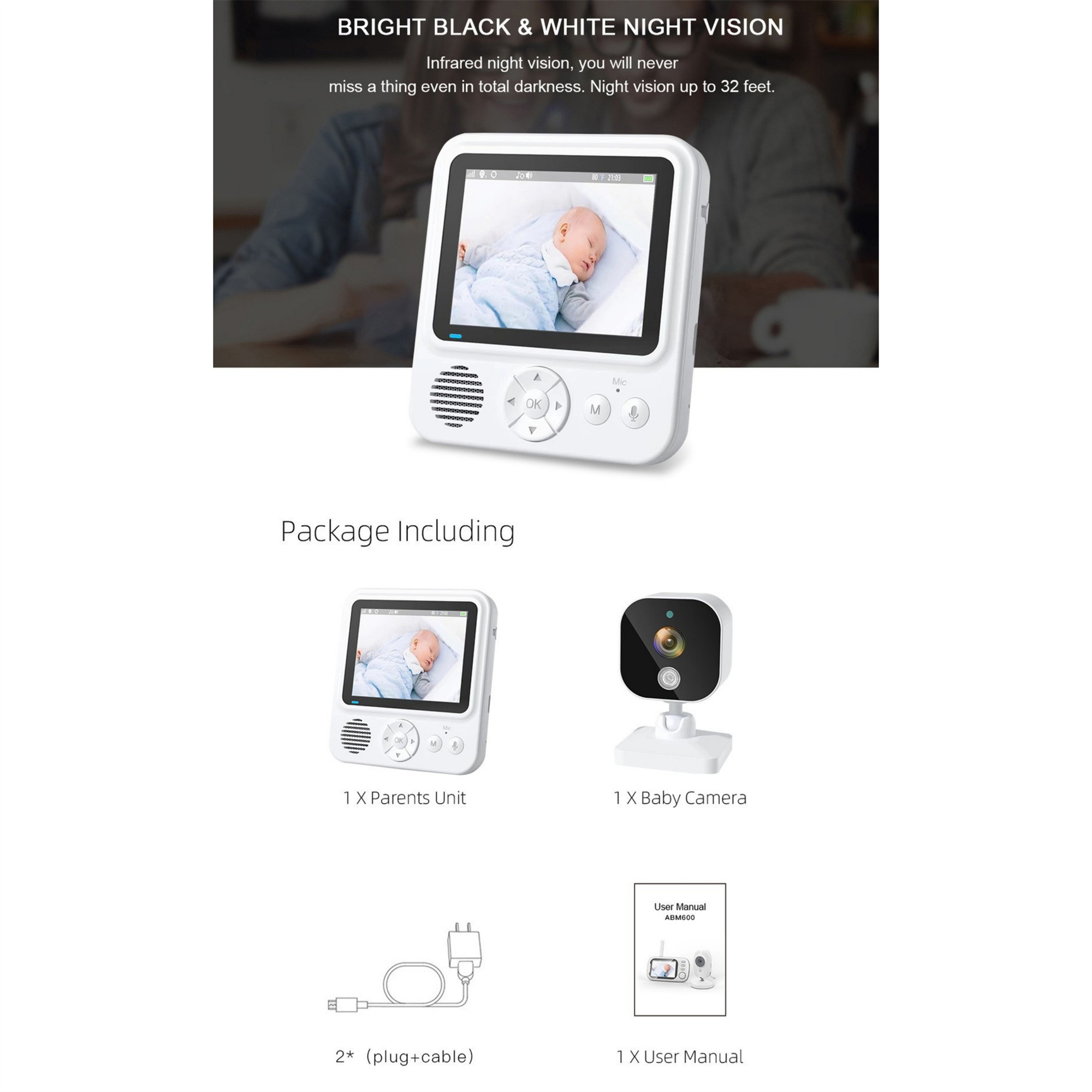 Ein Babyfon-Set: ein Monitor, eine Babykamera, ein Ladegerät und ein Handbuch.