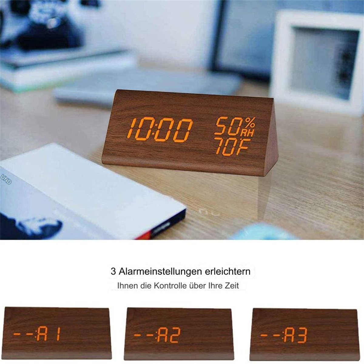 Eine hölzerne Dreiecks-Uhr, die Zeit und Luftfeuchtigkeit anzeigt, mit drei kleineren Uhren darunter.