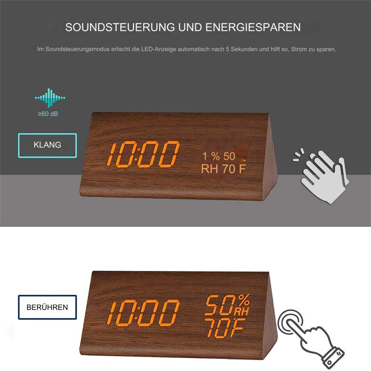 Digitaluhr aus Holz, die Zeit, Temperatur und Luftfeuchtigkeit anzeigt, mit Touch- und Soundfunktionen.