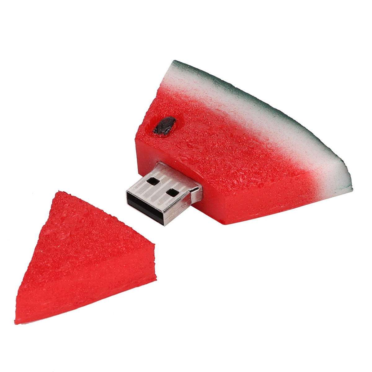Ein USB-Stick in Form einer Wassermelonen-Scheibe, mit einem separaten, passenden Stück.