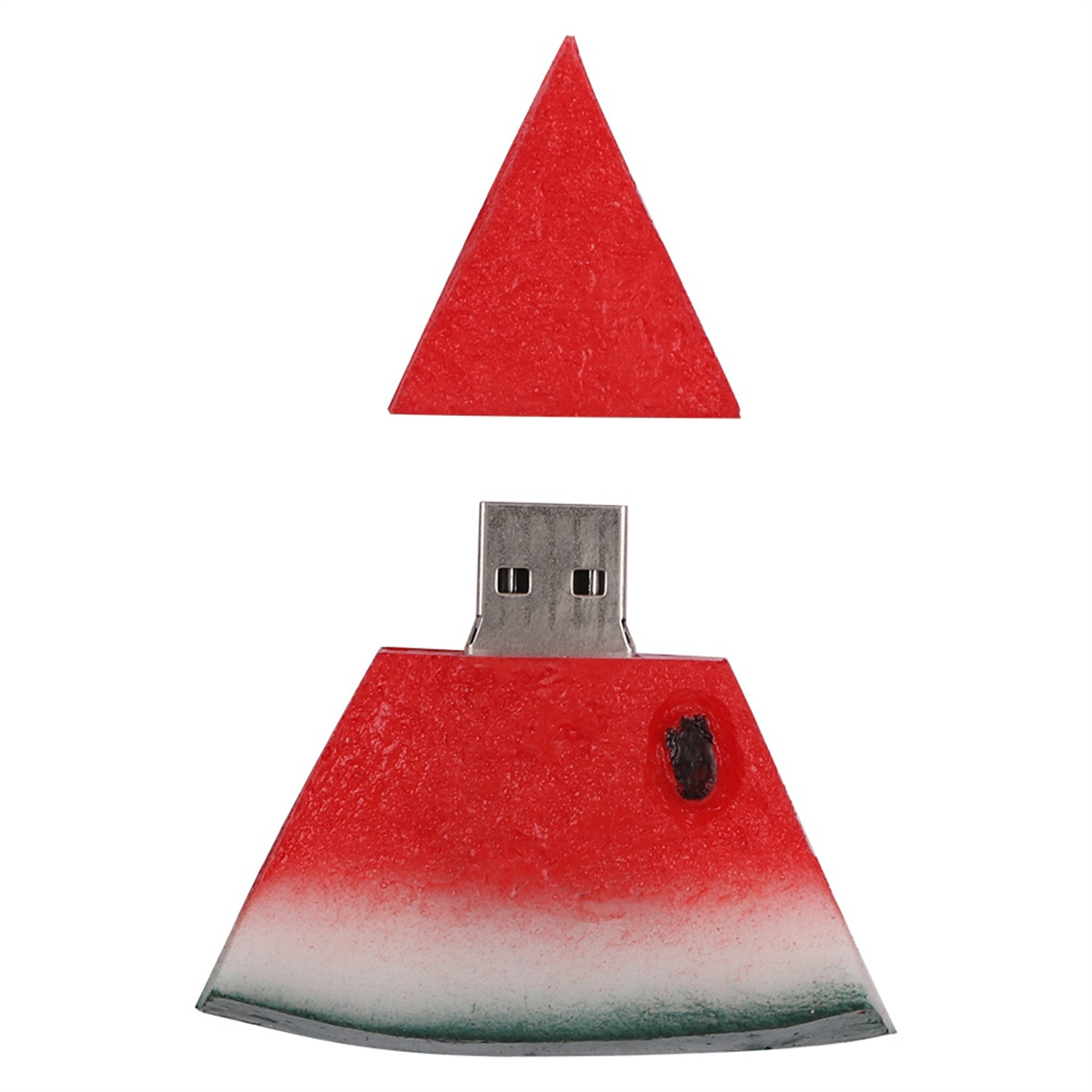 Wassermelonen-förmiger USB-Stick. Rot mit weißen und grünen Streifen. Isoliert auf weißem Hintergrund.
