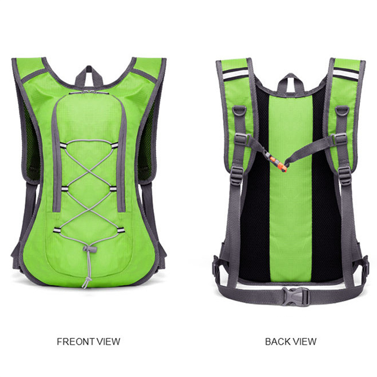 Zwei Ansichten eines grün-grauen Rucksacks. Die Vorderansicht zeigt die Vorderseite, die Rückansicht die Träger und den Rücken.