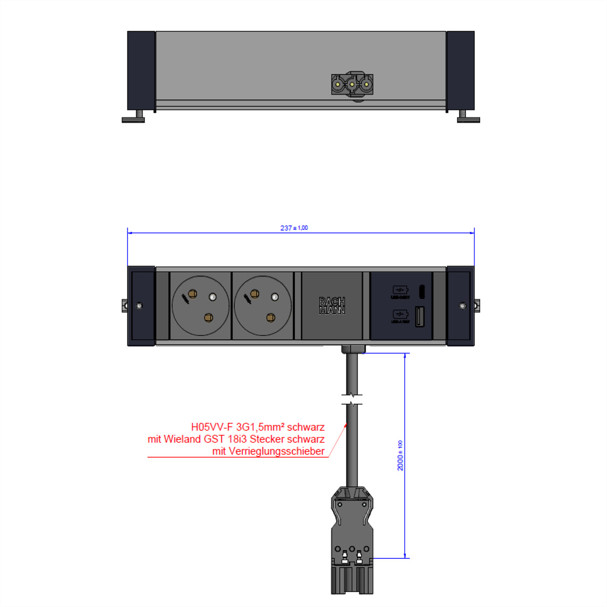 Un disegno tecnico di una ciabatta con prese, porte USB e un cavo.