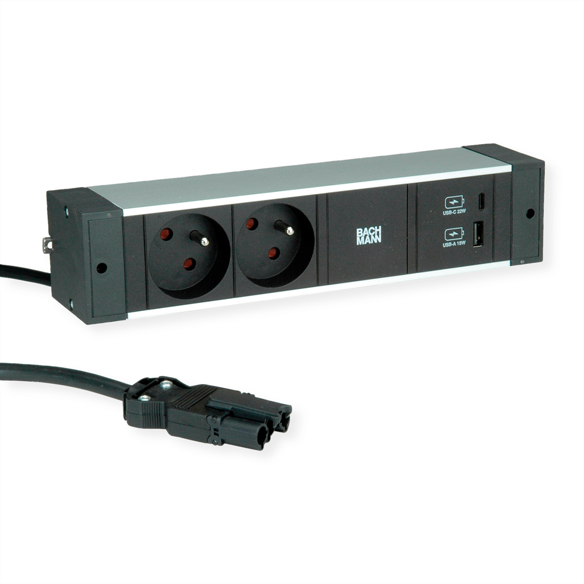 Ciabatta nera con prese e porte USB.