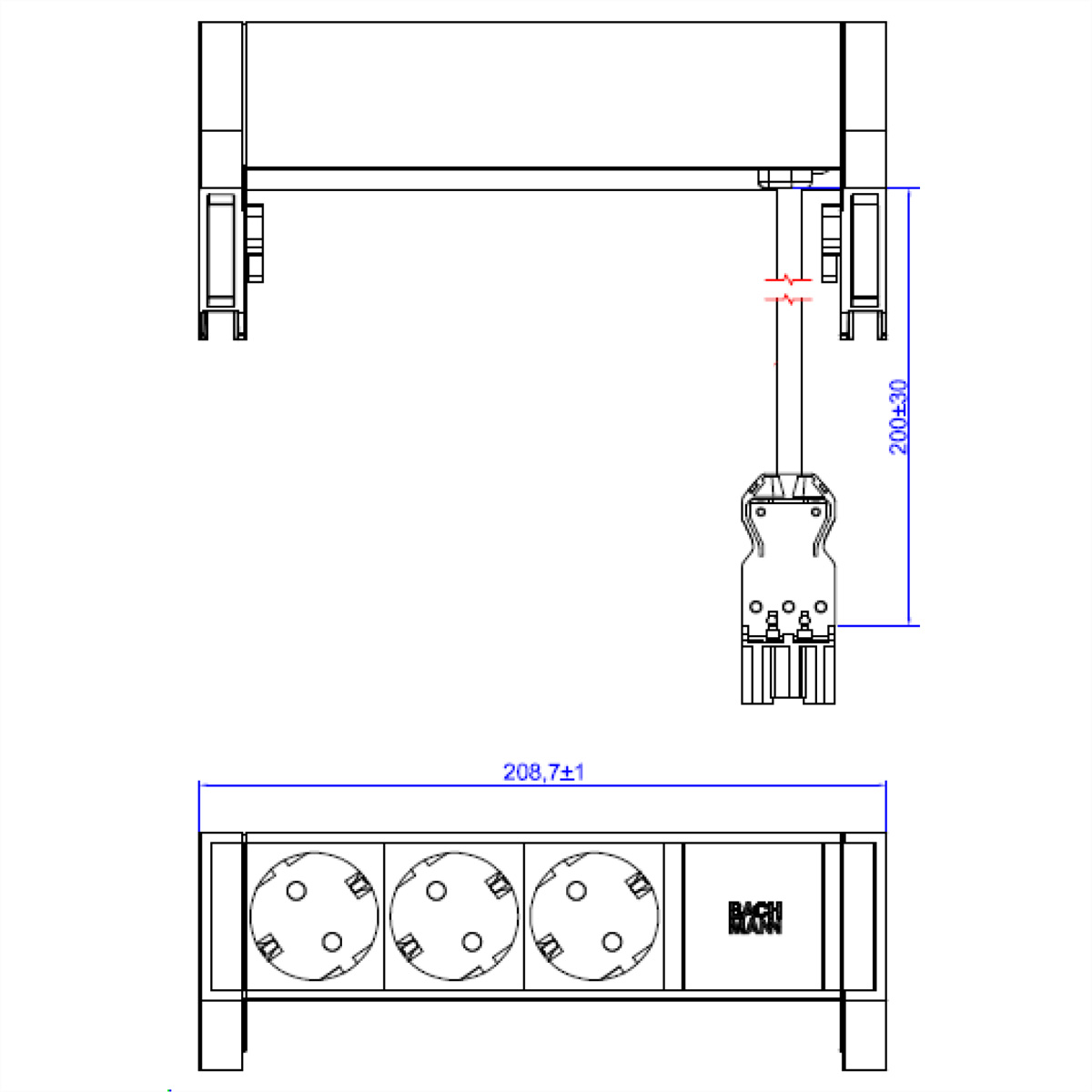 Disegno tecnico di un sistema. Include dimensioni e logo Bachmann.