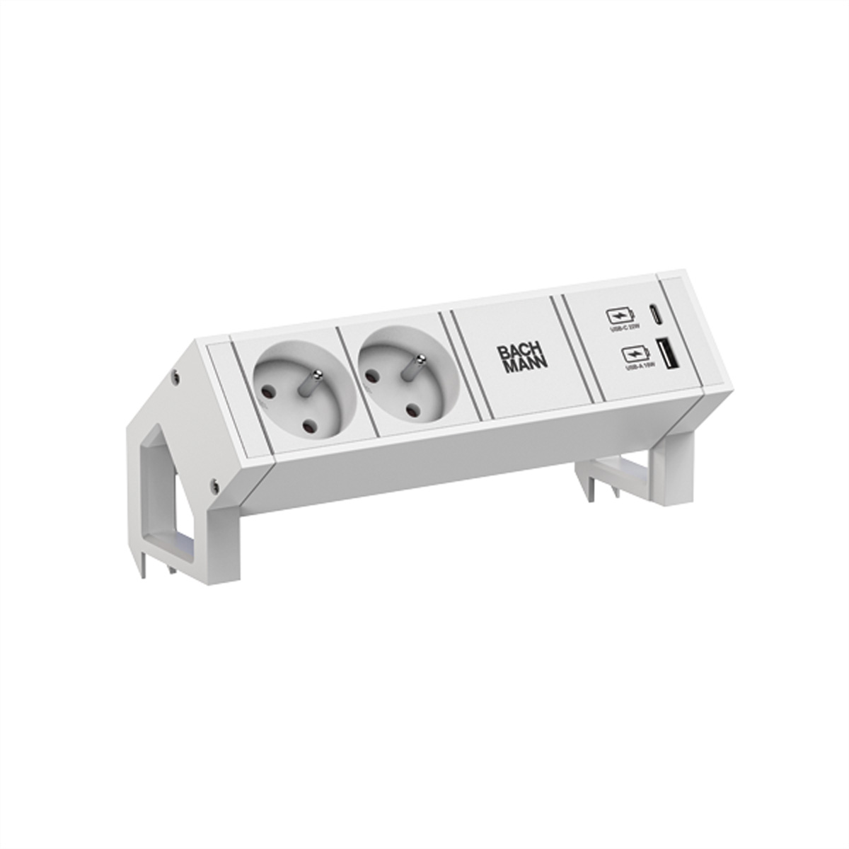 Une multiprise blanche avec deux prises et deux ports USB. La marque est 'Bachmann'.