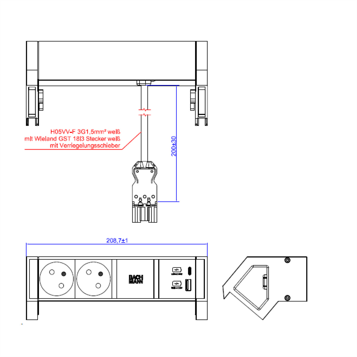 Dessin technique de composants électriques avec dimensions et étiquettes de texte.